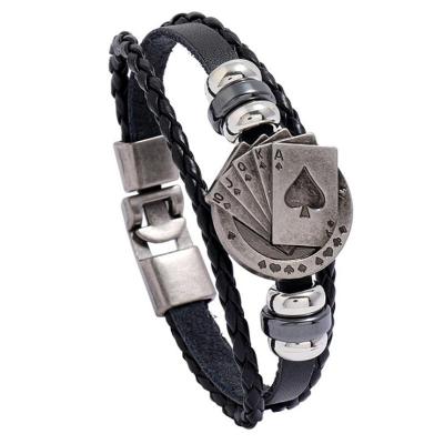 China Fashion Personalized Woven Alloy Leather Poker Bracelet Cowhide Beaded Bracelet For Men for sale