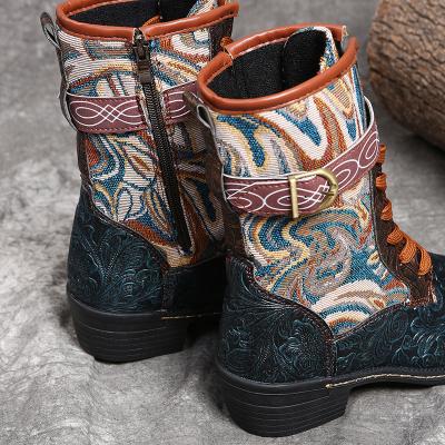 China 2021 Anti-slippery belt buckle printed women's boots Mi-tube ethnic style ladies winter large size lace-up boots for sale