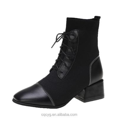 China Fashion Trend Square Toe Short Women Lace Up Boots Knitted Chunky Heel Martin Boots Fall Plus Size Boots for sale