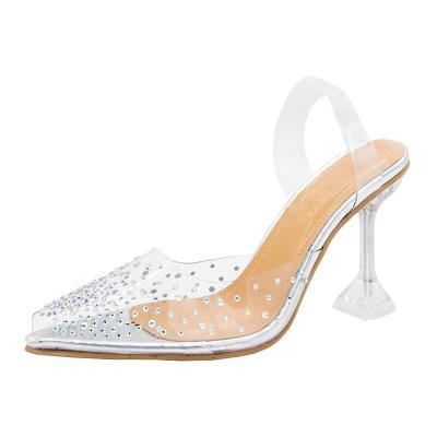 China Fashion trend stiletto heel shoes thick unique teva sandals 2021 newest summer wedding rhinestone sandals for ladies for sale