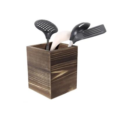 China Rustic Brown Wood Kitchen Utensil Holder Counter Rustic Burnt Wooden Utensil Display Box for sale