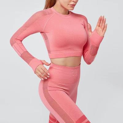 China 2020 New Women Mesh Breathable Seamless Design Round Neck Long Sleeve With Finger Hole Fitness Crop Top Legging for sale