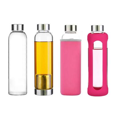 China High Borosilicate Glass Water Bottle Sustainable Leak Proof Stainless Steel Portable Lid With Nylon Protective Sleeve for sale