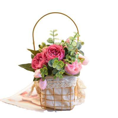 China New-fashion Hand Basket Mixed Gift Woven Iron Gold Cloth Striping Basket Fake Flower Decorative Basket for sale