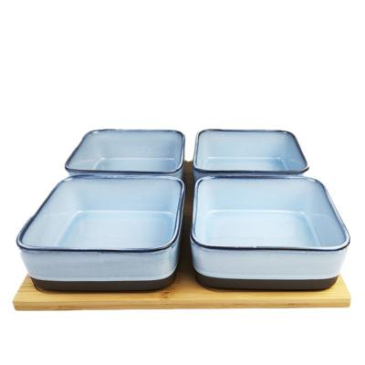 China Traditional dessert serving tray trays party sanck serving bowls ceramic square snack bowl set with bamboo stand for sale