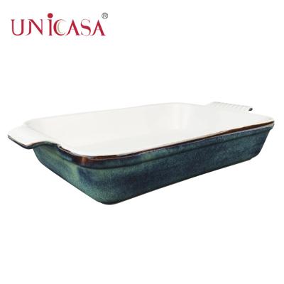 China Sustainable Ceramic Bakeware Rectangle Round Square Oval Baking Tray With Handles for sale