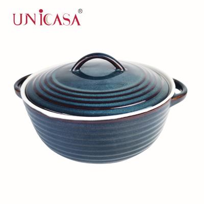 China Sustainable Bakeware Ceramic Stoneware Covered Round Casserole Covered Oven Reactive Galzed Dutch Blue for sale