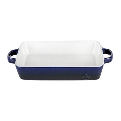 China Sustainable Custom Colors Wholesale Household Oven Baking Pans Ceramic Baking Dish With Two Ears for sale