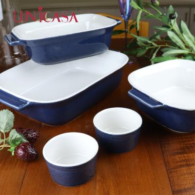 China Sustainable UNICASA Ceramic Baking Dish Pans Rectangle Blue Stoneware Bakeware With Handles Bake Dishes Sets for sale