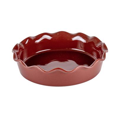 China Sustainable Wholesale Pastry Pizza Pie Baking Pan Ceramic Round Pie Plate Baking Dish With Front Stop Lines for sale