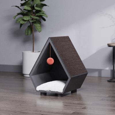 China Fresh and Modern Design Viable 3 in 1 Multi Function Cat House Wooden Cat Bed with Play Balls and Scratch Board Ramps for sale