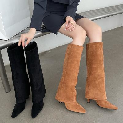 China Fashion Trend Fold Over Knee High Lady Modern Boots Sculpted Pointed Heel False Toe Suede Women Shoes For Fall Winter New Collection for sale