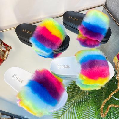 China Fashion Trend Wholesale Price Rainbow Faux Fur Women's Slides Multi Color Servo Plush Sandals Winter Fashion Lady Slippers for sale