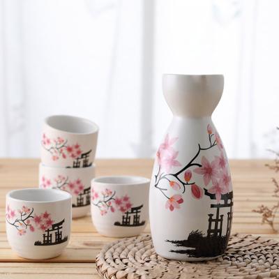 China Japanese Style 5 PCS/Set Hand Drawn Ceramic Sake Serving Set Household Wine Pot One Four Cups Sake Wine Cherry Blossoms Pattern Liquor Antiqu for sale