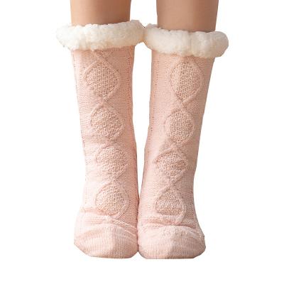 China 100% polyester Winter Warm Custom Kids Children Solid Knitted Braid Thermal Slipper Floor Anti Slip Fleece Sherpa Socks With Botton for sale