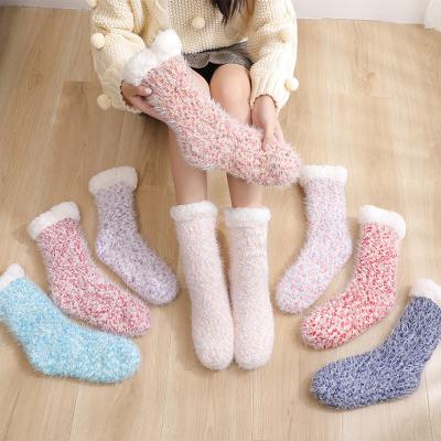 China 100% polyester Winter Warm Solid Knitted Braid Thermal Slipper Floor Anti Slip Fleece Sherpa Socks With Botton for sale