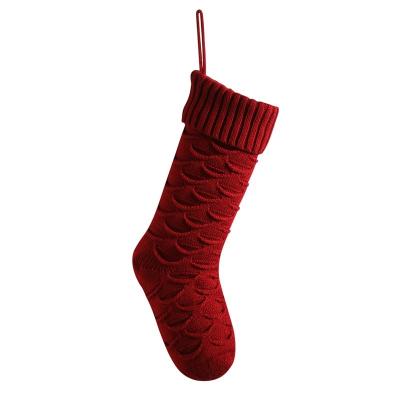 China Acrylic Wholesale Red Green Cable Knit fish scale Stocking Knitted Christmas Socks Gift Decoration candy bag for sale