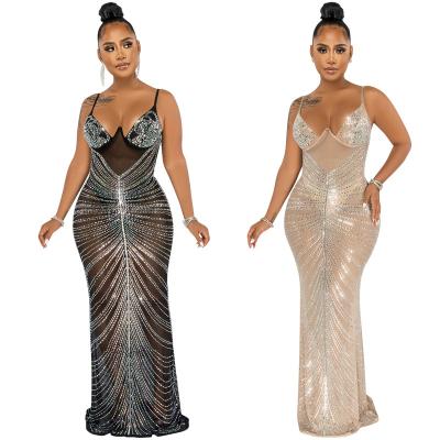 China X5618 Latest Design Anti-Wrinkle V-Neck Rhinestone Evening Dresses Elegant Sleeveless Women Dress See Through Mesh Night Club Dresses for sale