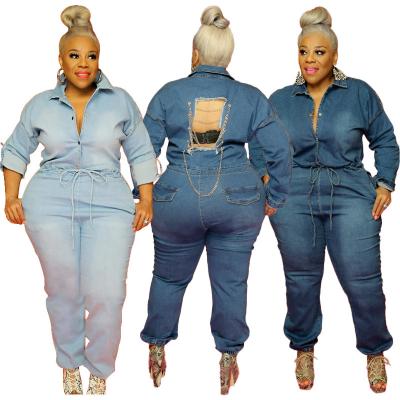 China YQY21167 New Sustainable Hole Chain Long Sleeved Women Denim Overalls Pure Color Gather Size Plus Size Overalls With Backless Buttons for sale