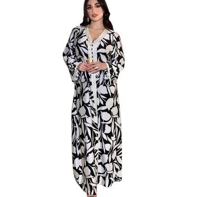 China New AB002 Polyester Women Breathable Soft Floral Printing Middle East Abaya Dubai Long Dress Muslim Islamic Clothing for sale