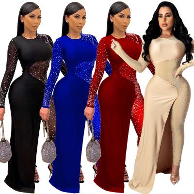 China YQY8832 2021 Mesh Hot Ironed Diamond Loose O Neck Sexy Women's One-Piece Skirt Club Wear Anti-pilling Overalls Party Dresses for sale