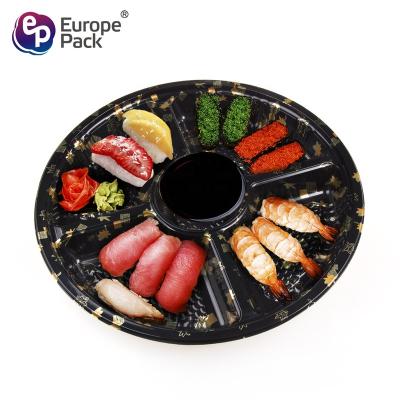 China Disposable Food Grade Take Away Round Shape 5 Compartments Sushi Party Tray for sale