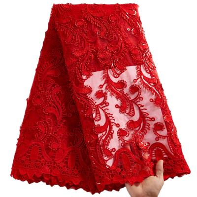 China Viable Wholesale Red 2532 3D Milk Lace Fabric With Sequins Embroidery Flower African Mesh Lace Fabrics For Dresses for sale