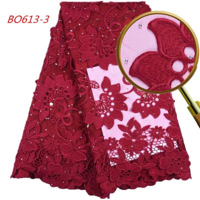 China Sustainable Free Shipping 1634 3D Flowers Embroidery Fabric Wine Color Lace Fabric Embroidery for sale