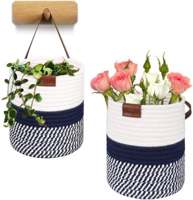 China Minimalist Wall Hanging Basket with Leather Handle for Organizing Bathroom, Living Room Wall Rope Baskets for Plant for sale