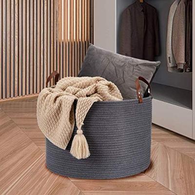 China Sustainable Design Extra Decorative Woven Laundry Hamper, Storage Baskets Bin, Round Pillow Towel Basket With Long Handles for sale