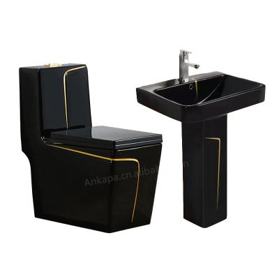 China Sanitary Line Design Bathroom Double-flush Hot Selling Ware Gold One-piece Square Black Toilet Bowl And Step Down Ceramic Toilet Set for sale