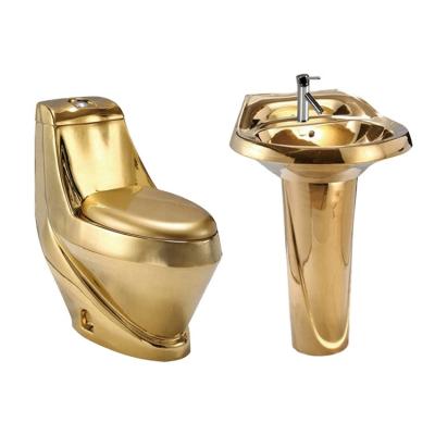 China Hot Selling Gold Luxury Gold WC Basin Toilet Set Ceramic Dresser Double-Flow Bathroom Toilet WC for sale