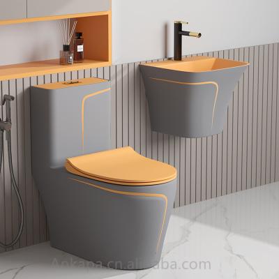 China Double-Flow Modern Style Easy To Clean Wall Hung Toilet Bowl Basin Lavatory Bathroom Toilet Set Ceramic Gray Orange Color One Piece for sale