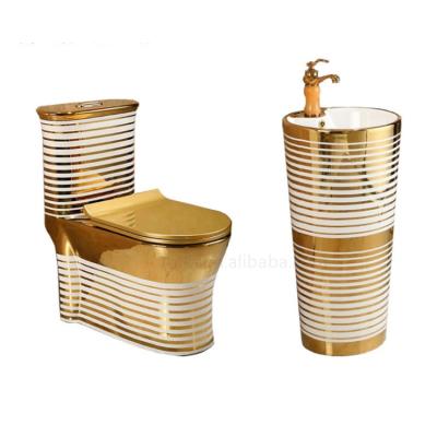 China Double-Flow Chaozhou Factory Modern Design WC Luxury One-Piece Gold Plated Toilet For Sale for sale