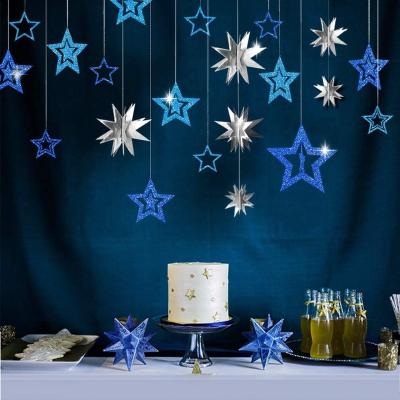 China Paper Blue Silver Star Party Decoration Kit Metallic Glitter 3D Star Garland Twinkle Little Star Cutouts Starry Party Supplies for sale