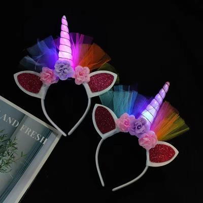 China Non-Slip Unicorn Party Supplies Set Glow in Dark Hair Accessories Light Up LED Unicorn Headband Hair Circle for sale