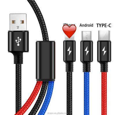 China Hot Selling Fashionable Fast Charging Speed ​​3 In 1 USB Charger Cable 2.4A Fast Charging Durable Nylon Braided Line USB Cable for sale