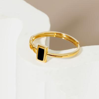 China TRENDY S925 Sterling Silver Gold Plated Ring Adjustable Black Colour Glaze Rings For Women for sale