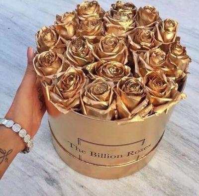 China Luxury Custom Recycled Materials Gold Color Newspaper Distribution Tour Flower Box With Cap For Gold Preserved Flowers for sale