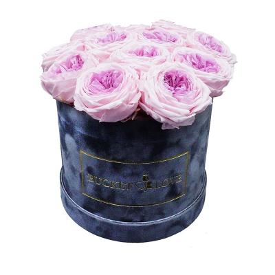 China Luxury Recycled Materials Gold Logo On Suede Material Velvet Round Hat Box Flower Bouquet Box for sale