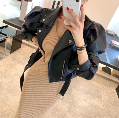 China Breathable Formal Short Faux Leather Moto Jacket Pu Moto Leather Jacket Plus Size Women's Autumn Winter Fashion Puff Sleeve 2021 New for sale