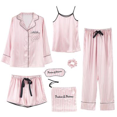 China FSL002 7PCS QUICK DRY Pajamas Set Luxury Casual Nightgowns Suit Luxury Casual Nightgowns Satin Print Feather Lingerie Pajamas Lingerie Sleepwear for sale