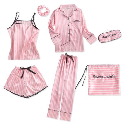 China ASL004 QUICK DRY Stripe Print 7pcs Pajamas Sets Silk Satin Home Wear Set Tops Vest Dress Pants Shorts Eye Mask Stocking Women Sleepwear for sale