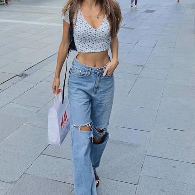 China Spring Summer Fashion High Street Women's Breathable Jeans 2021 Hole High Waist Women's High Waist Pants Loose Straight Female Jeans Soft for sale