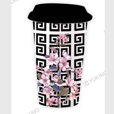 China Sustainable Flower Marble Jungle Design Travel Mugs With New Lid Bone China for sale