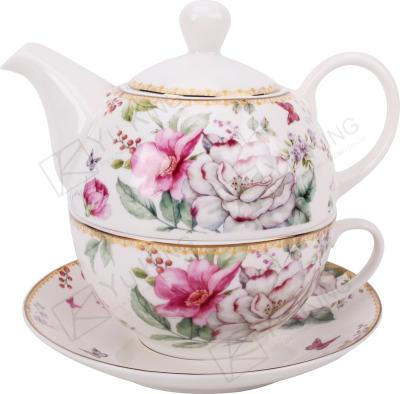 China Viable Hot Selling Exquisite Flower Decal Bone China Teapot Porcelain Teapot Tea Sets With Teapot With Gold Line for sale