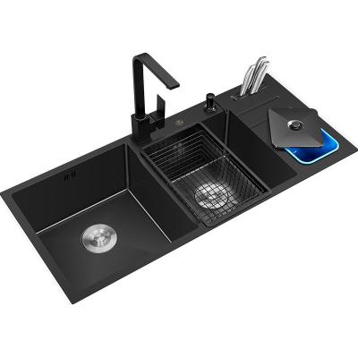 China With Large Black Nano Faucet Sink Double Split With Trash Can Basin Thickened 304 Stainless Steel Handmade Under Basin Group for sale