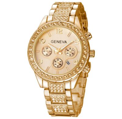 China Luminous Ladies Relog Geneva Women Watches Gold Tender Stainless Steel 2022 Chronograph Quartz Mineral Alloy Back Glass Round for sale