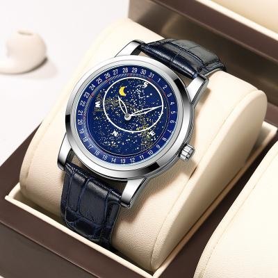 China 2022 Advanced Leather Waterproof Male Clock Moon Phase Luxury Mens Rotating Dial Starry Top Mechanical Business Watch Brand for sale