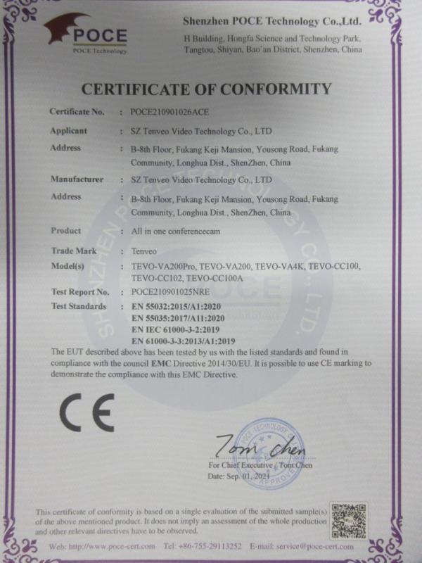 CE - Sz Tenveo Video Technology Co., Ltd.